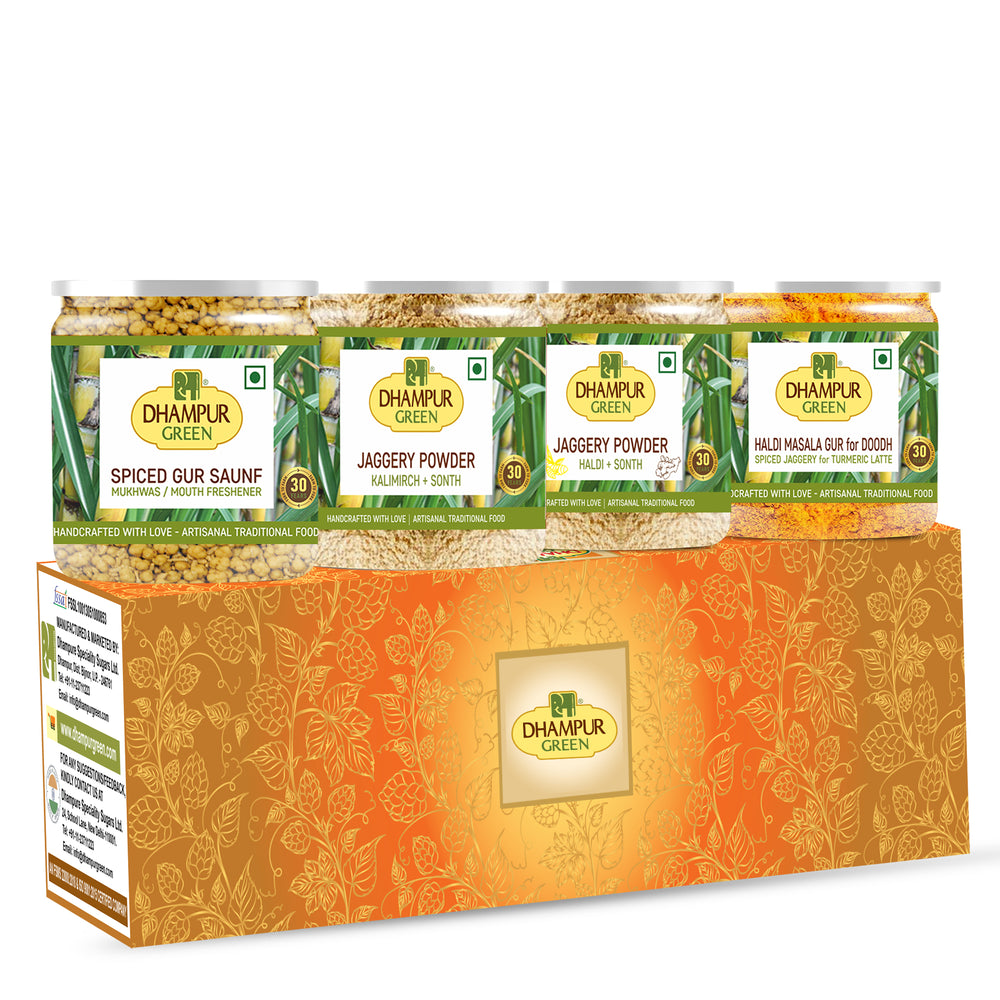 Dhampur Green Spice-Infused Jaggery Treasures Combo: Spiced Gur Saunf, Haldi-Sonth Pwder, Kalimirch-Sonth Pwder, Haldi Masala Gur - 1.15kg