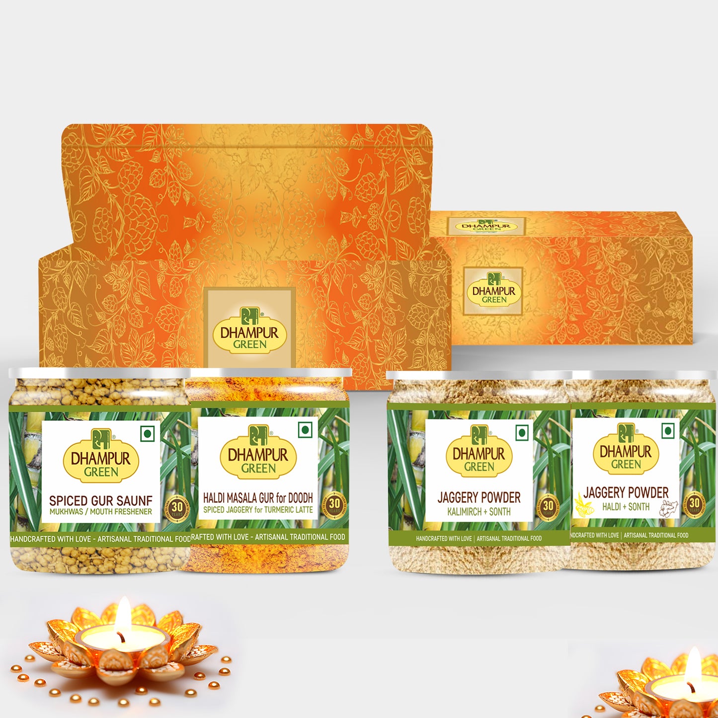 
                  
                    Dhampur Green Spice-Infused Jaggery Treasures Combo: Spiced Gur Saunf, Haldi-Sonth Pwder, Kalimirch-Sonth Pwder, Haldi Masala Gur - 1.15kg
                  
                