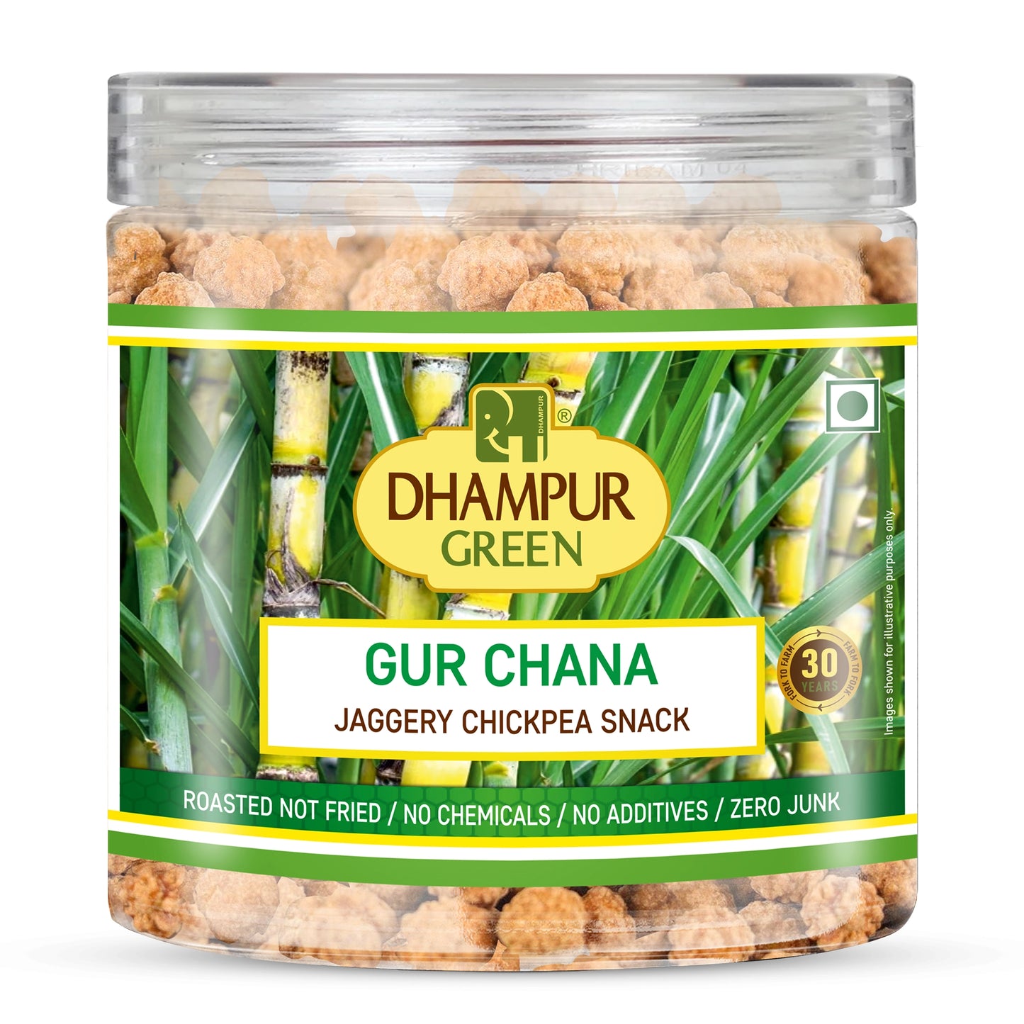 Jar of Dhampur Green Gur Chana Jaggery Chickpea Snack with green label