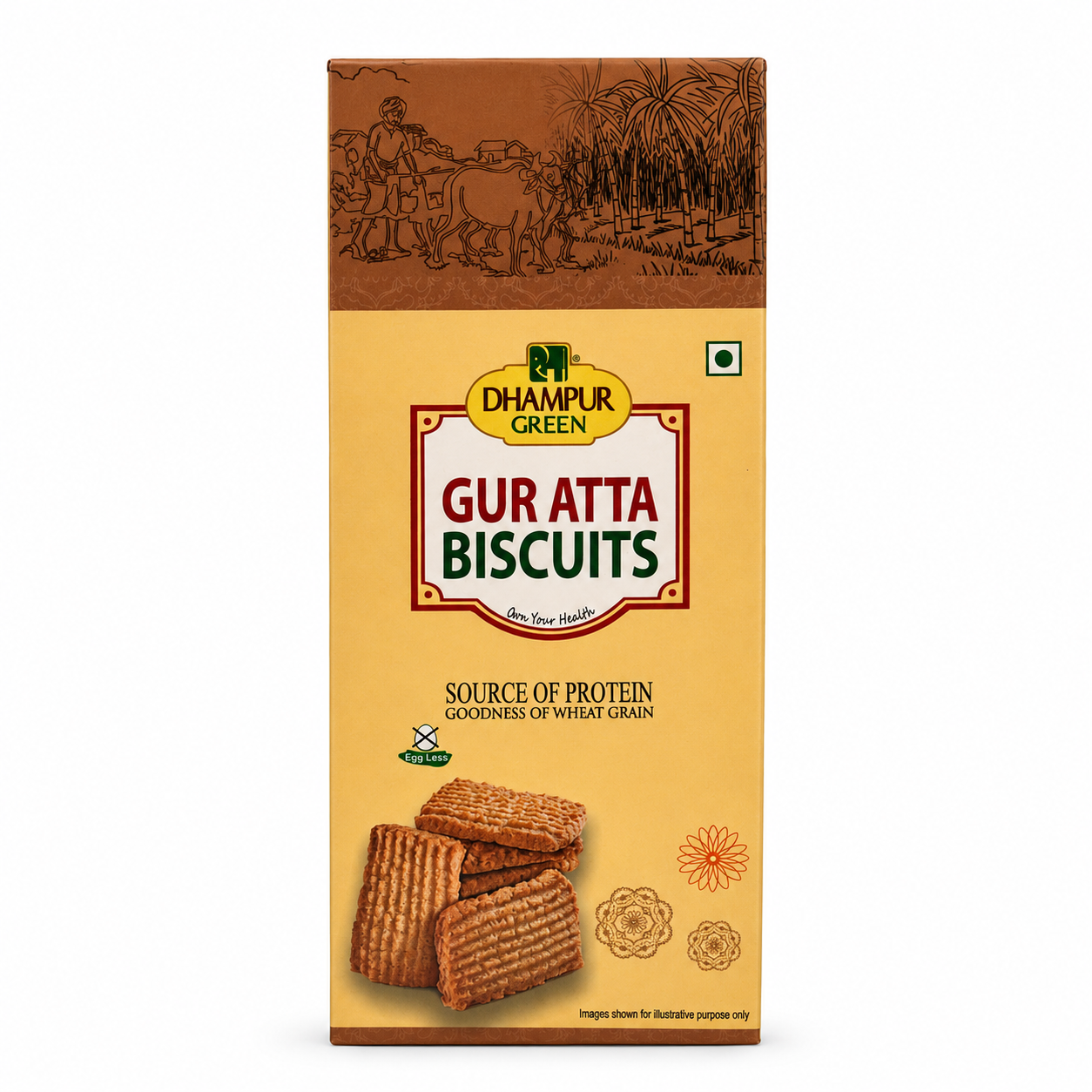 A box of Dhampur Green Gur Atta Biscuits on a plain white background. The packaging is primarily a warm golden yellow with a brown top section featuring a traditional illustration, and an image of two biscuits is shown on the lower left. Eggless.