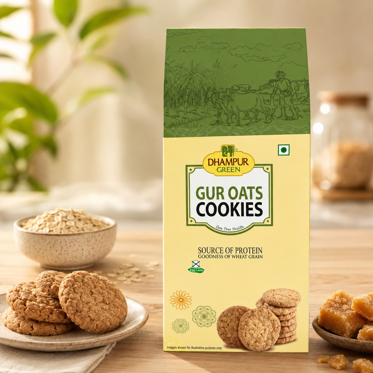 A package of Dhampur Green Gur Oats Cookies stands on a wooden table with cookies, oats, and cumin displayed around it in a warm, styled kitchen setting.