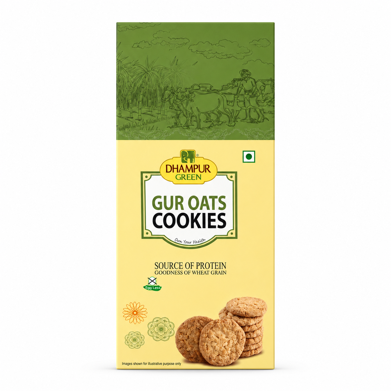A package of Dhampur Green Gur Oats Cookies on a plain white background. The packaging features a light yellow lower section with an illustration of round cookies and a stack of cookies, and a green upper section showing a farmer in a field.