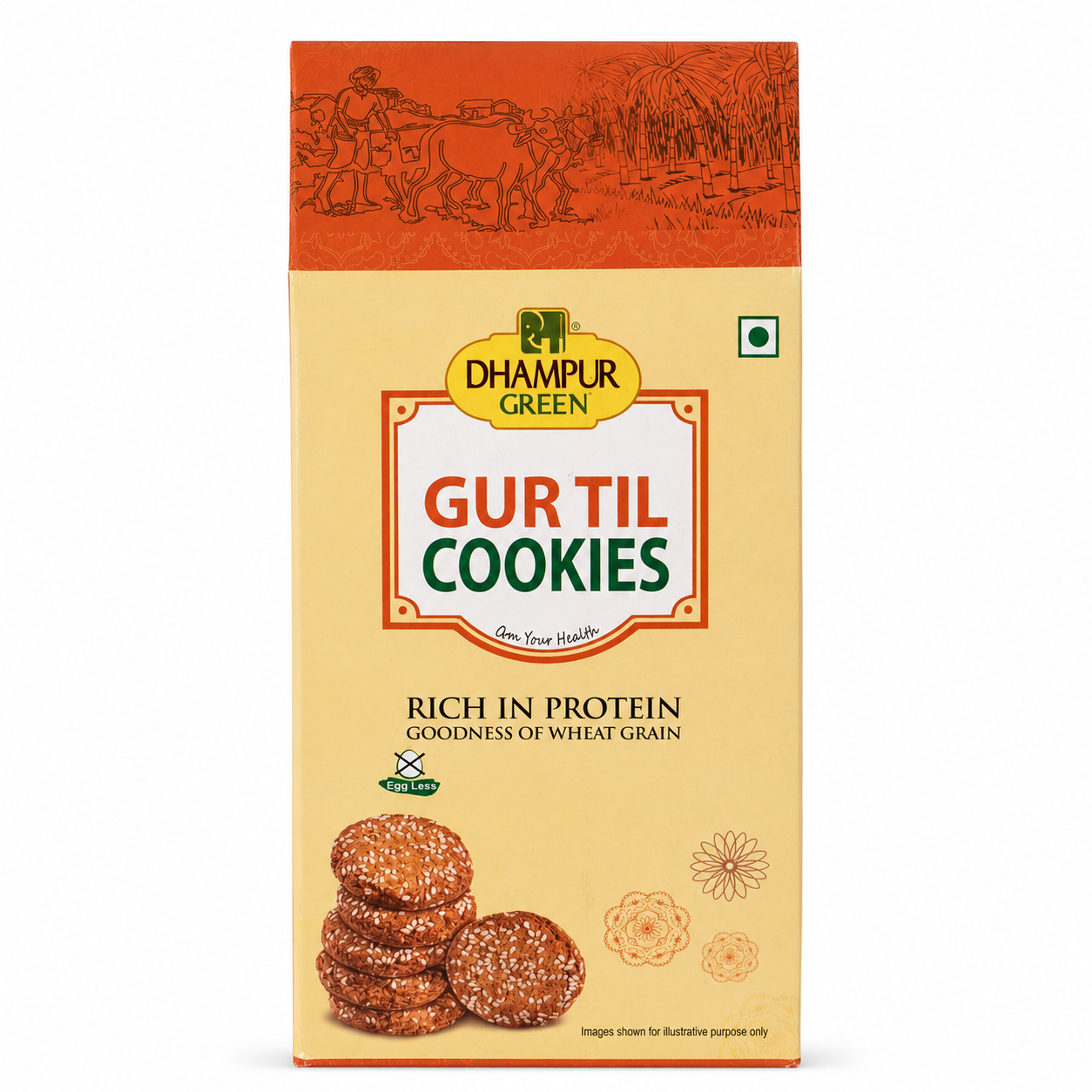 A package of Dhampur Green Gurtil Cookies on a plain white background. The packaging features a cream-colored lower section with an illustration of cookies, an orange top banner with a traditional scene, and the brand logo 'DHAMPUR GREEN' in a yellow oval. Eggless