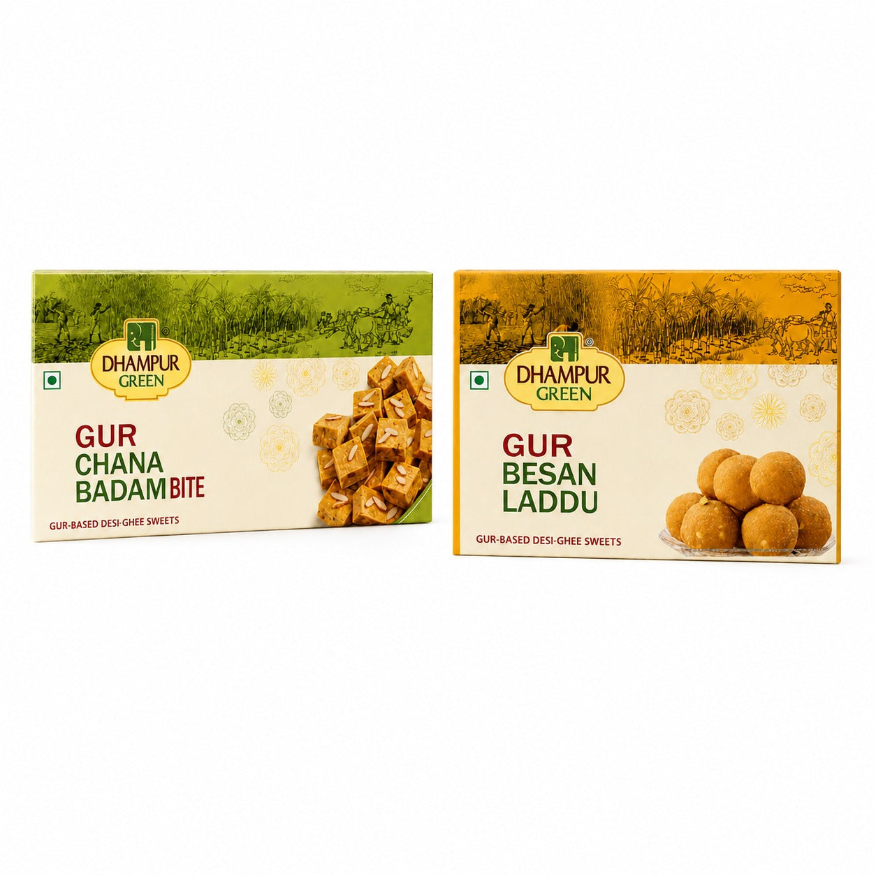 Two boxes of Dhampur Green GUR sweets on a plain white background. The left box is labeled GUR CHANA BADAMBITE with green and cream packaging and an image of chana pieces.