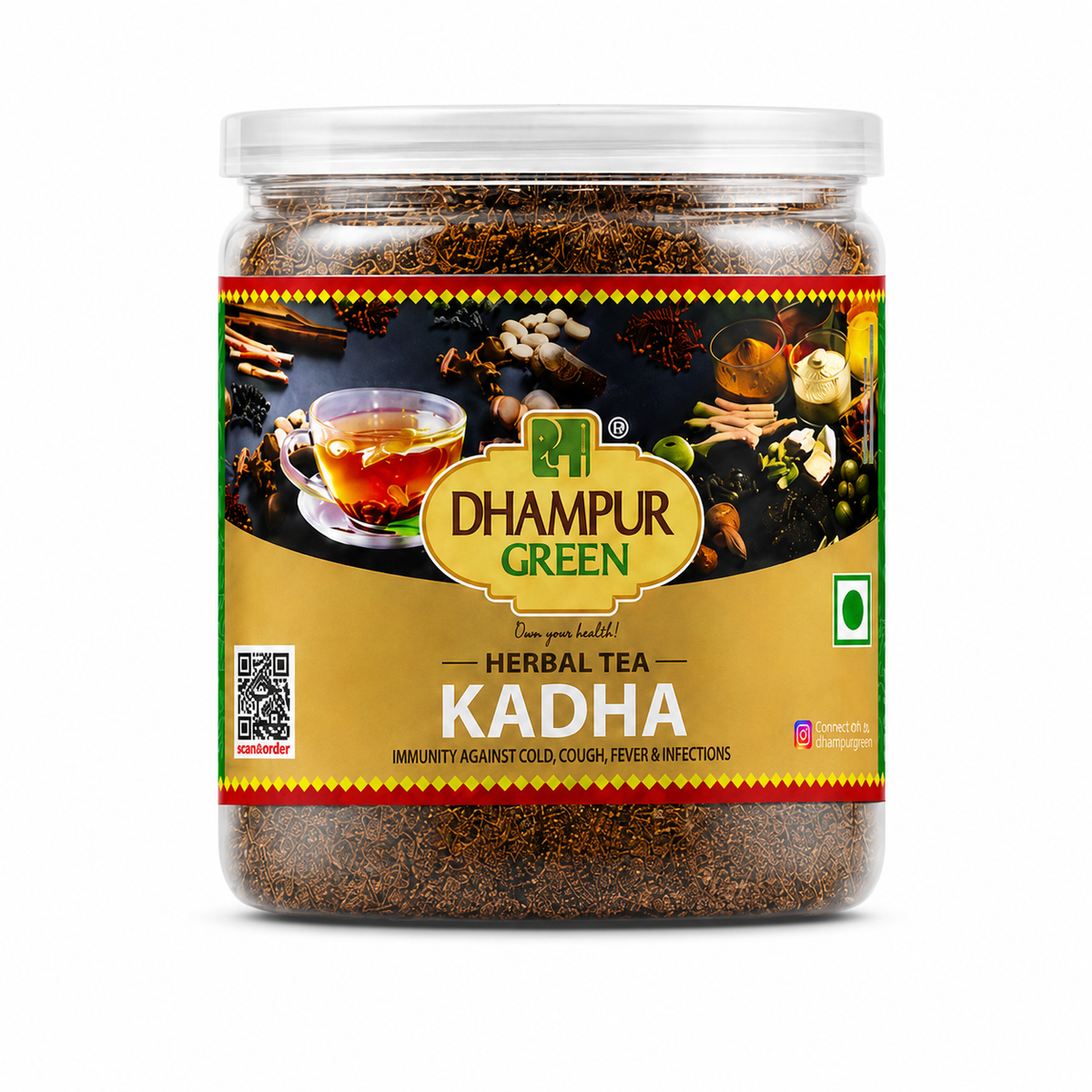 A jar of Dhampur Green Herbal Tea Kadha on a plain white background. The clear plastic jar shows the dark brown herbal tea mixture inside, with a gold and green label featuring a cup of tea and various ingredients.