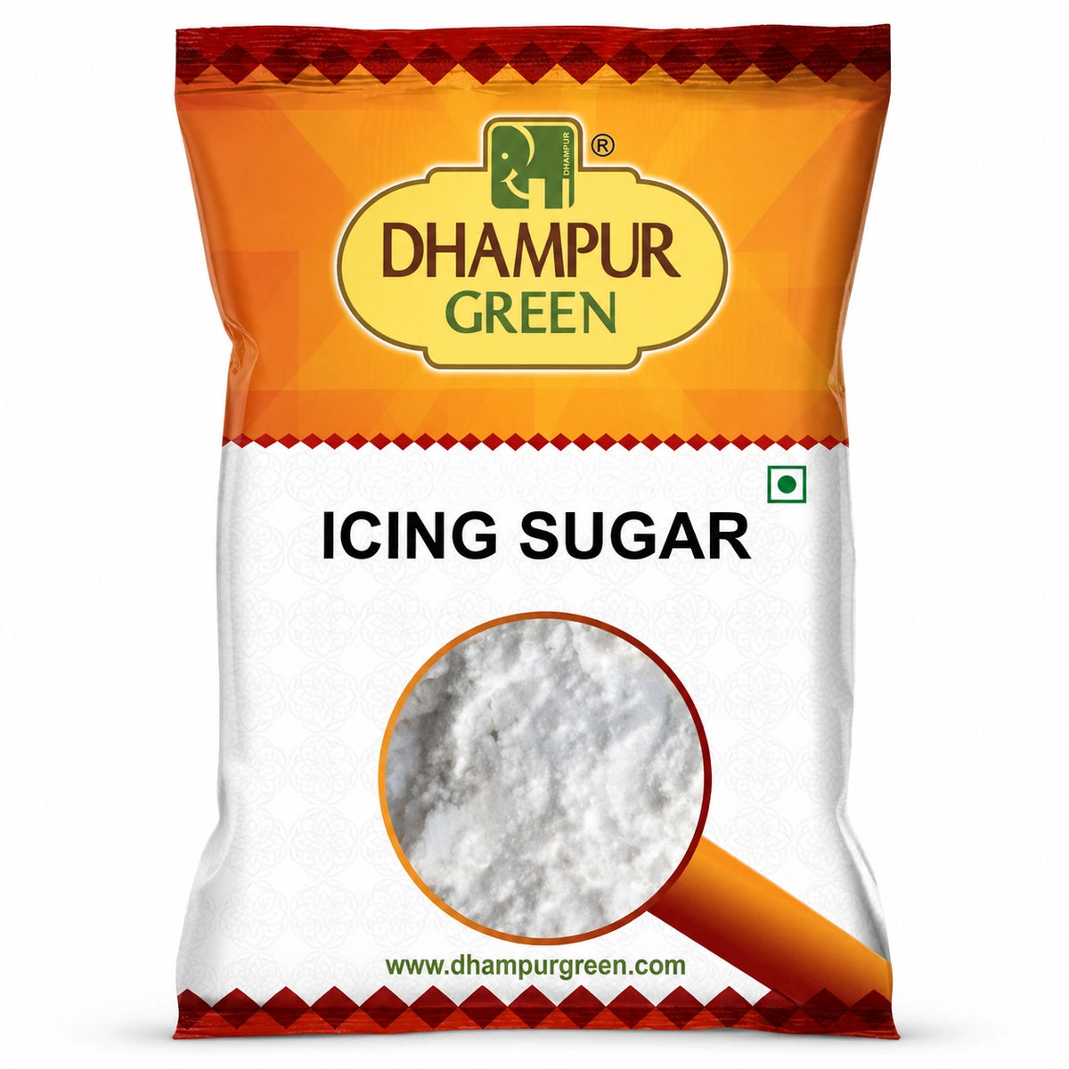A bag of Dhampur Green Icing Sugar on a plain white background. The packaging features a bright orange top section with the brand logo, a white lower section with the product name 'ICING SUGAR' in bold black text, and a circular window showing the white powdered sugar inside.