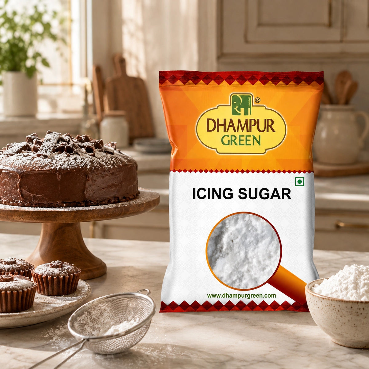A bag of Dhampur Green Icing Sugar stands on a kitchen counter beside a chocolate cake on a wooden stand, with cupcakes, a bowl of powdered sugar, and a sifter in a bright kitchen setting.