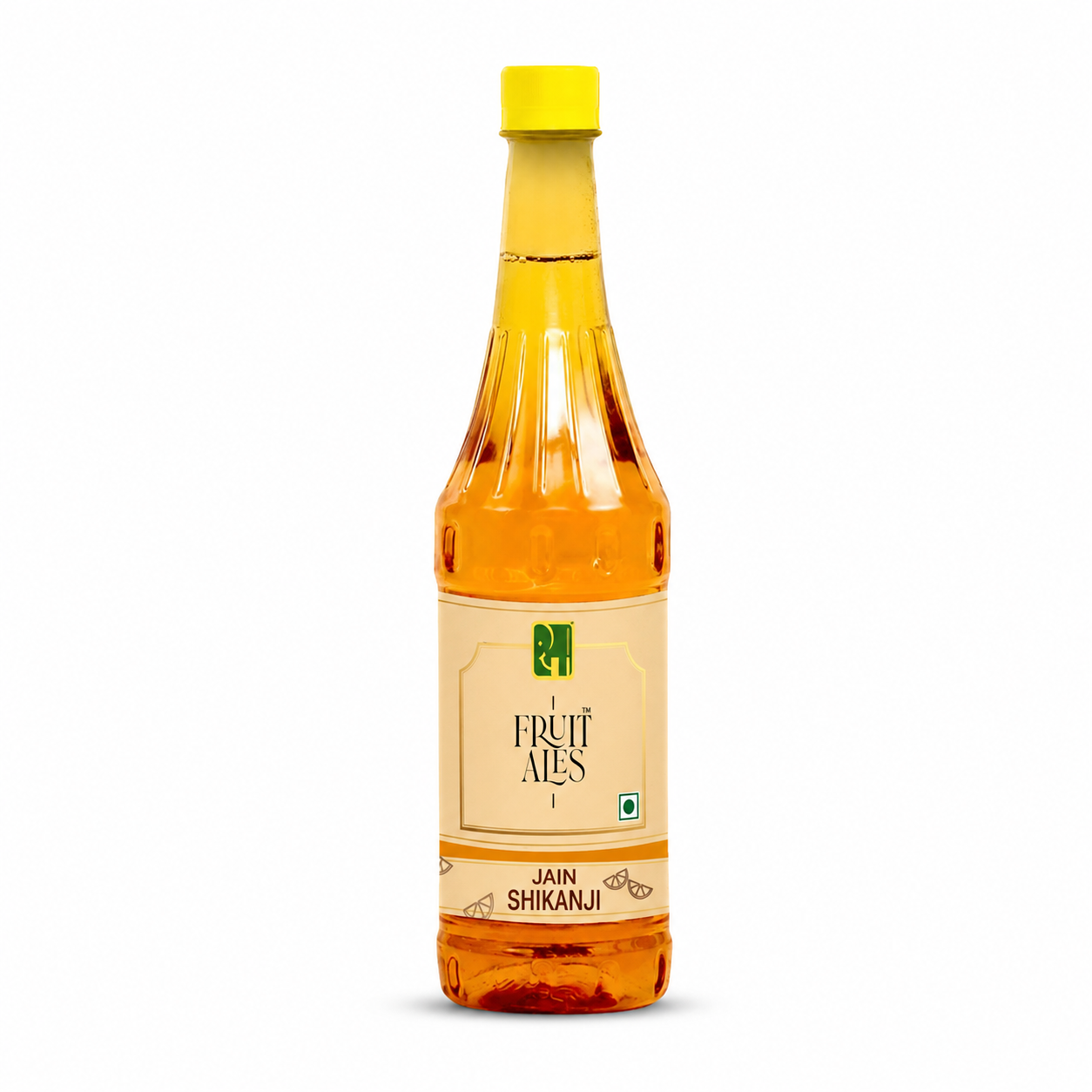 A bottle of Fruit Ales Jain Shikanji syrup on a plain white background. The bottle is filled with amber-colored syrup and has a cream-colored label with a yellow cap.