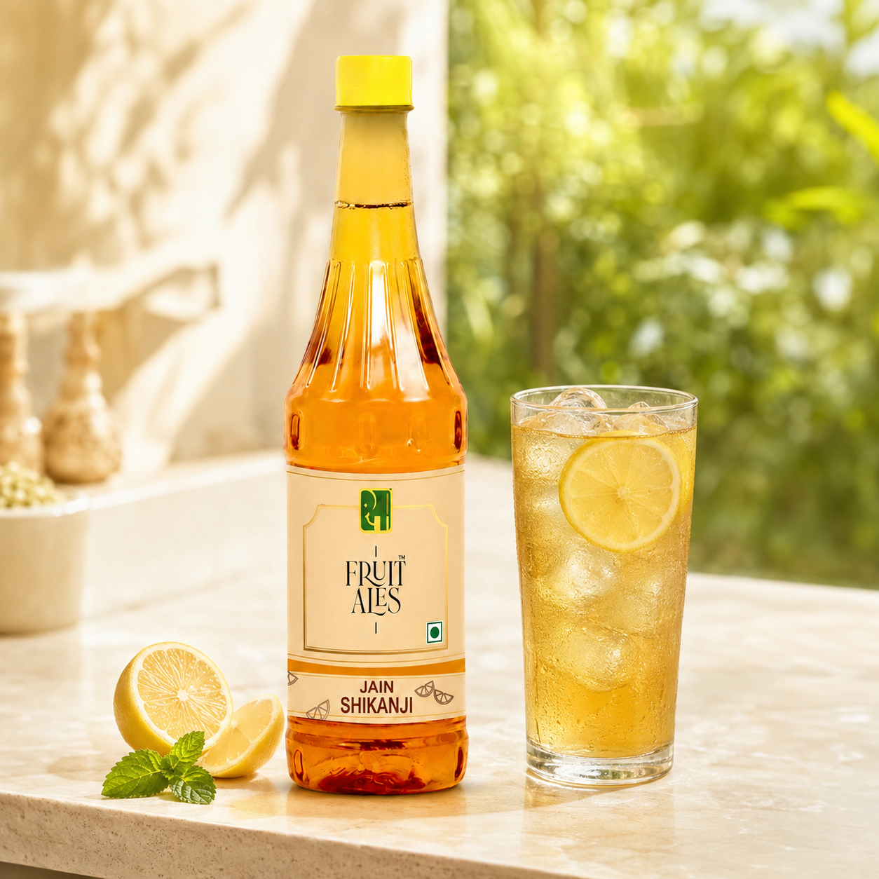 A bottle of Jain Shikanji Fruit Ales with lemon slices and mint leaves on a marble surface, next to a glass of iced drink with lemon in a real outdoor setting.