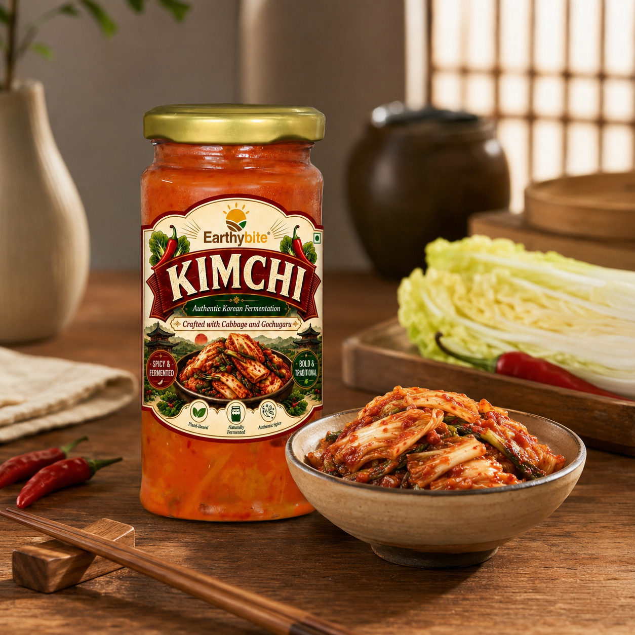 Jar of earthybite Korean Kimchi by Dhampur Green on wooden table along with a bowl full of it. A wooden chopstick, napkin, red chili placed on the wooden table