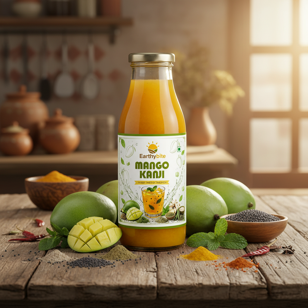 Bottle of Mango Kanji with mangoes and spices on a wooden table