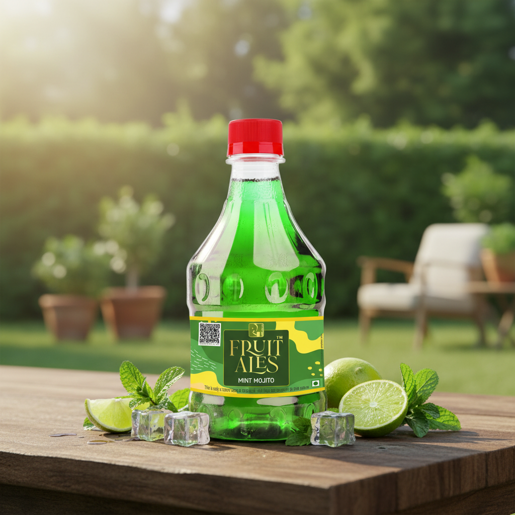 Green bottle of Fruit Ales Mint Mojito with a red cap on a white background