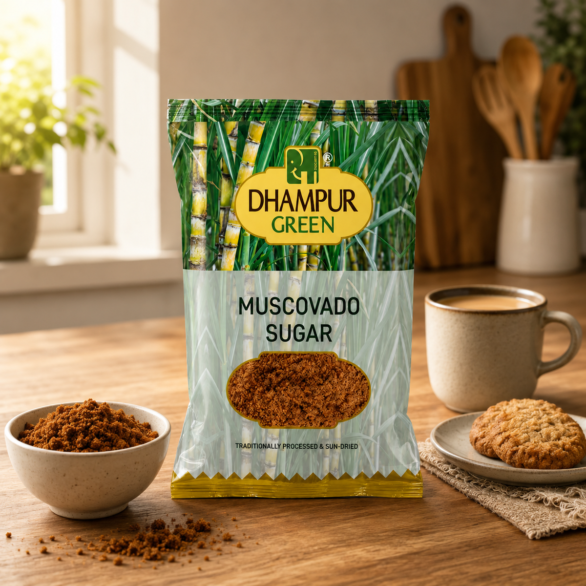 A package of Dhampur Green Muscovado Sugar, featuring a clear plastic bag with a green sugarcane illustration, a yellow brand logo, and a clear lower section showing the brown sugar inside. Package place on the wooden table, a bowl full of muscovado sugar, cookie made from the same on plate and a cup of tea made it muscovado sugar
