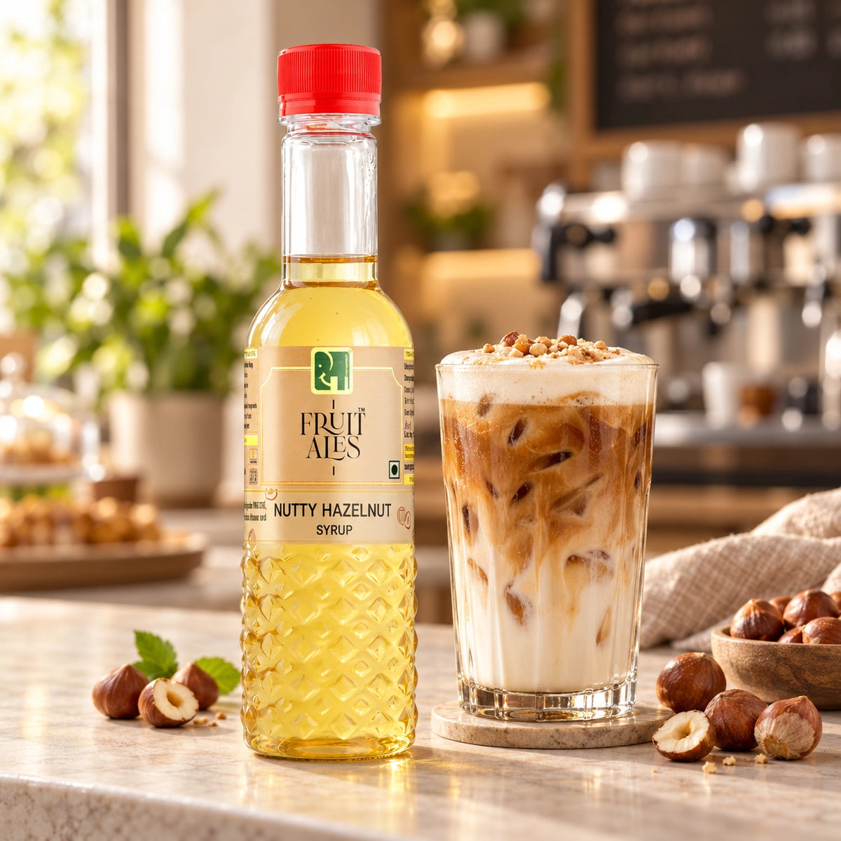 A bottle of 24 FRUIT MIL NYTY NUTY HAZELNUT SYRUP stands on a countertop beside a glass of iced coffee with hazelnut syrup, surrounded by hazelnuts and a blurred cafe background.