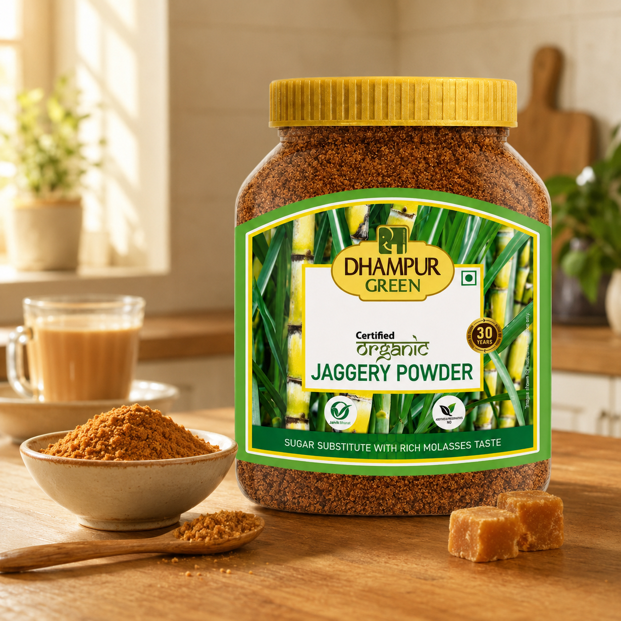 A jar of DHAMPUR GREEN Organic Jaggery Powder stands on a wooden table in a warm kitchen setting, with a small bowl of powder, a wooden spoon, and two pieces of jaggery in front of it.