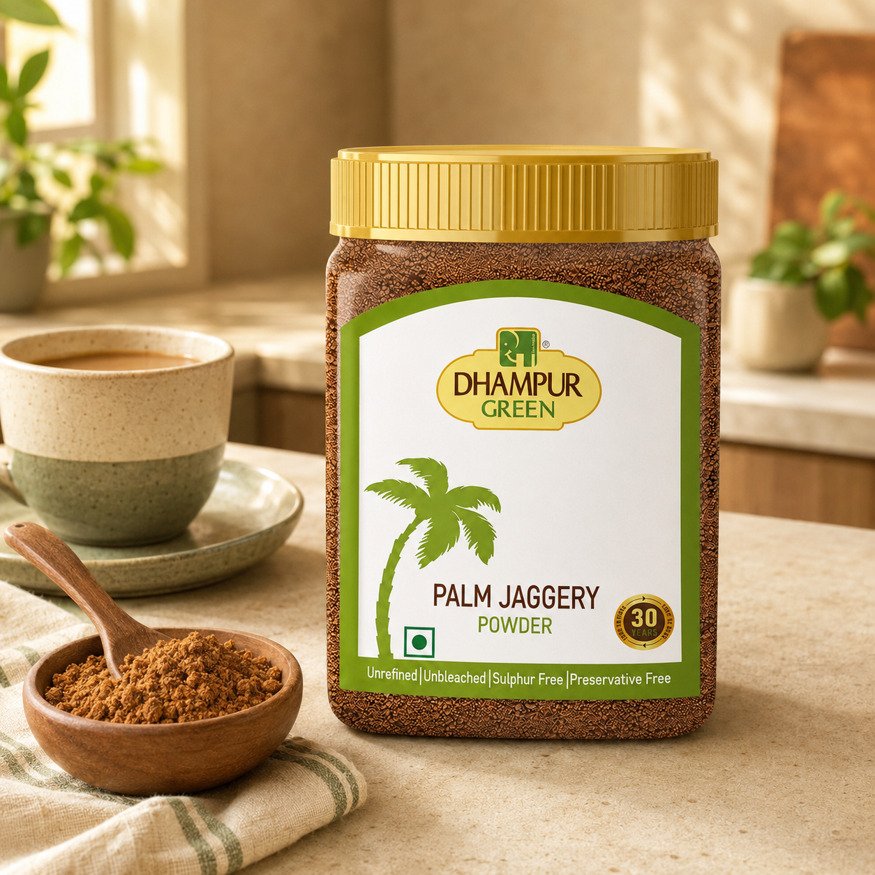 A jar of Dhampur Green Palm Jaggery Powder stands on a kitchen counter beside a small wooden bowl of coarse brown powder, a cup of tea, and soft warm sunlight coming through the window.