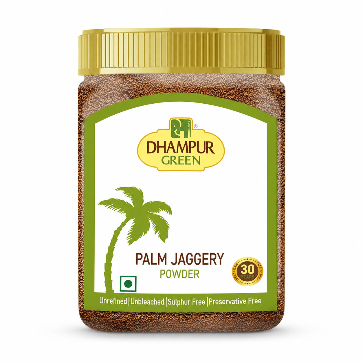A jar of Dhampur Green Palm Jaggery Powder on a white background, featuring a gold lid, brown powder visible through the clear jar, and a white label with green and gold accents.