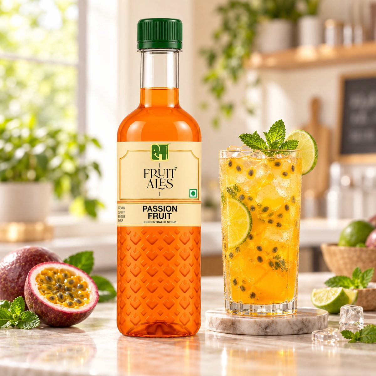A bottle of Fruit Ales Passion Fruit cocktail mixer next to a tall glass of the orange-colored drink garnished with lime and mint, set on a marble coaster in a bright kitchen environment.