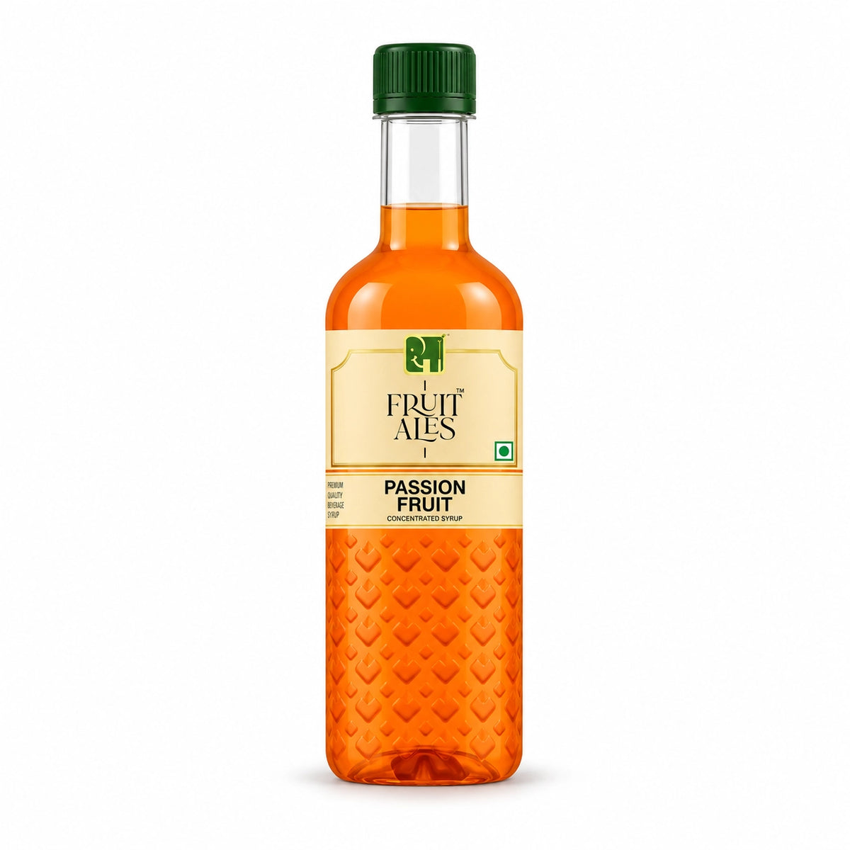A bottle of Fruit Ales Passion Fruit syrup, featuring bright orange liquid inside a clear bottle with a dark green cap and a cream-colored label.