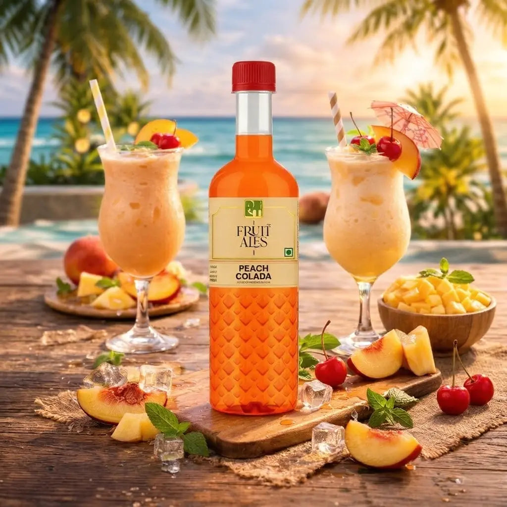 Peach Colada bottle with two glasses of peach-themed cocktails on a beach setting