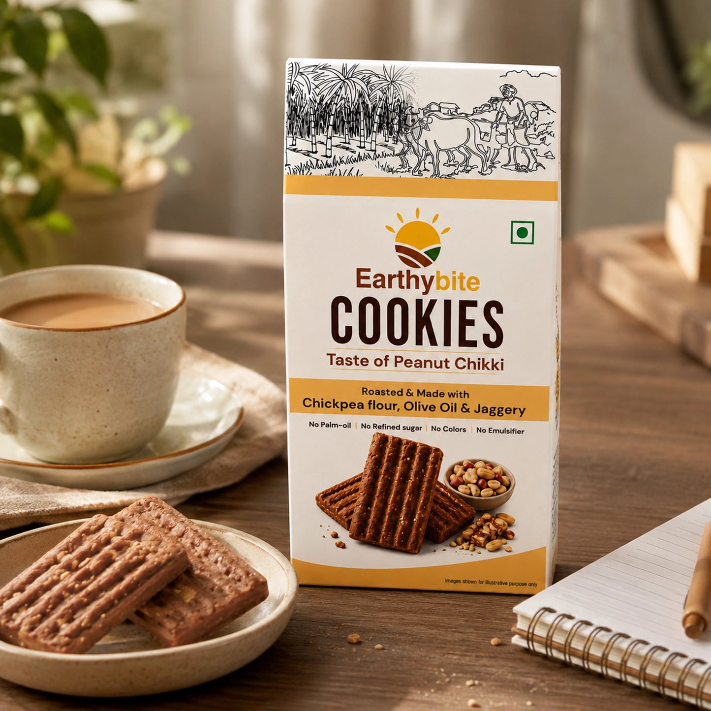 A box of Earthybite Taste of Peanit Chikki Cookies placed on the wooden table with plate of cookie and cup of tea next to it.