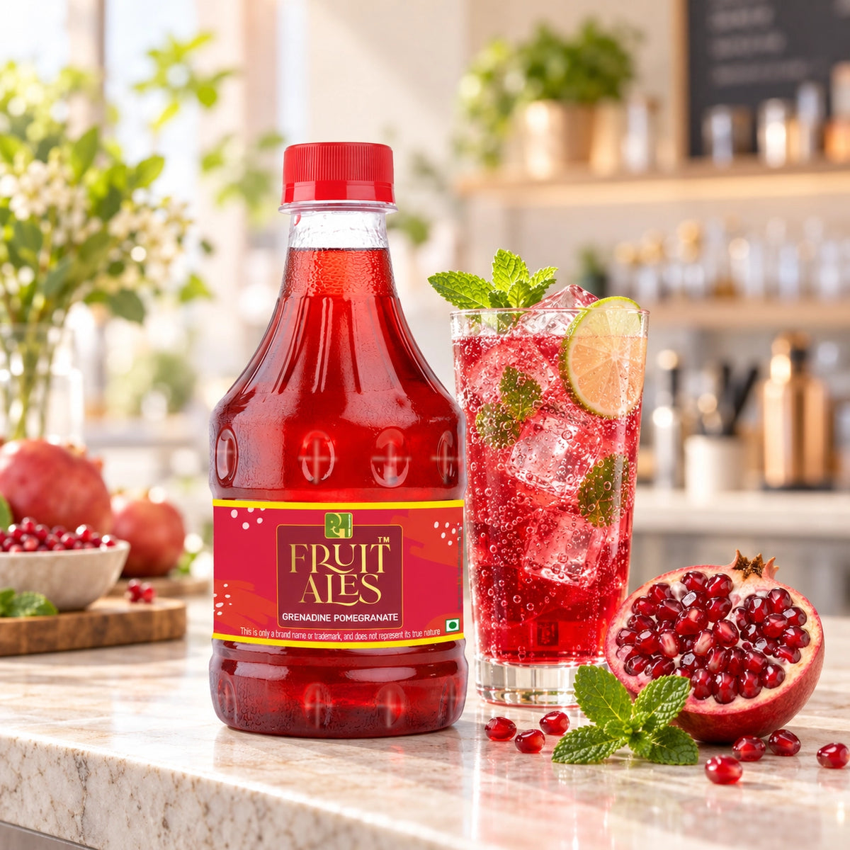 A bottle of Fruit Ates Groundne Pomegranate juice stands on a marble countertop beside a tall glass of the same red juice garnished with mint, a lime wheel, and ice. A pomegranate half and whole fruits are visible in the background and foreground, with a softly blurred kitchen setting behind.