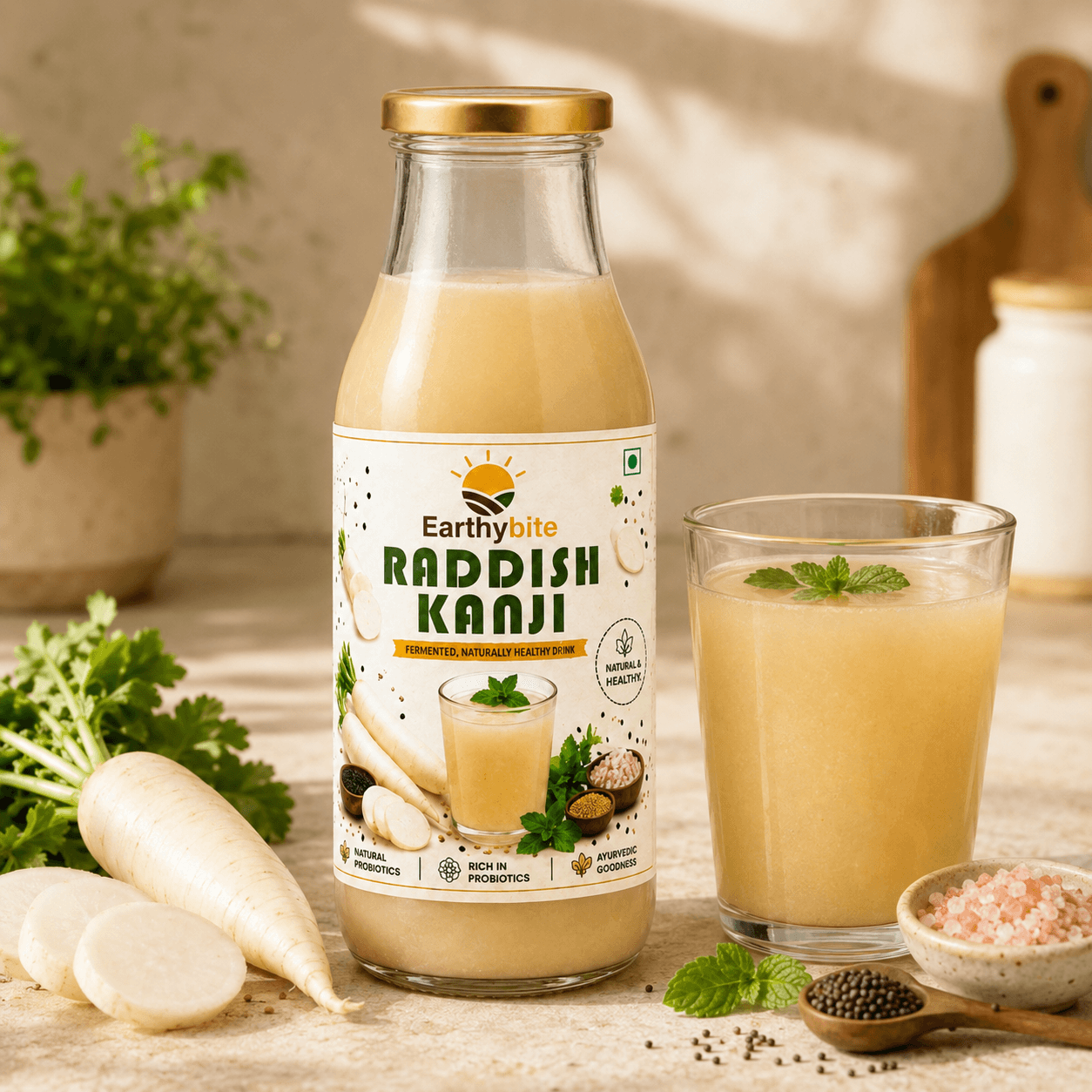 A bottle of Earthybite Raddish Kanji juice with a gold cap and white label, shown next to a glass of the pale yellow drink garnished with mint, with radish greens, radish slices, and spices on a warm beige surface.