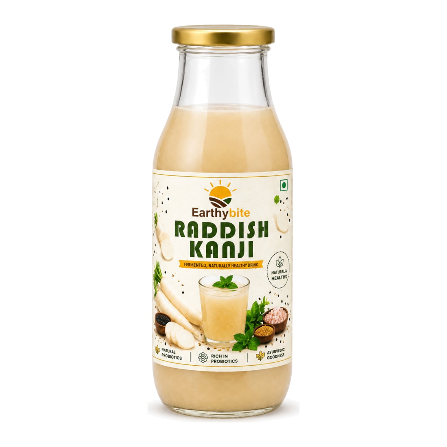A bottle of Earthybite Raddish Kanji (radish mango smoothie) with a gold cap and a cream-colored label, shown on a clean white background.