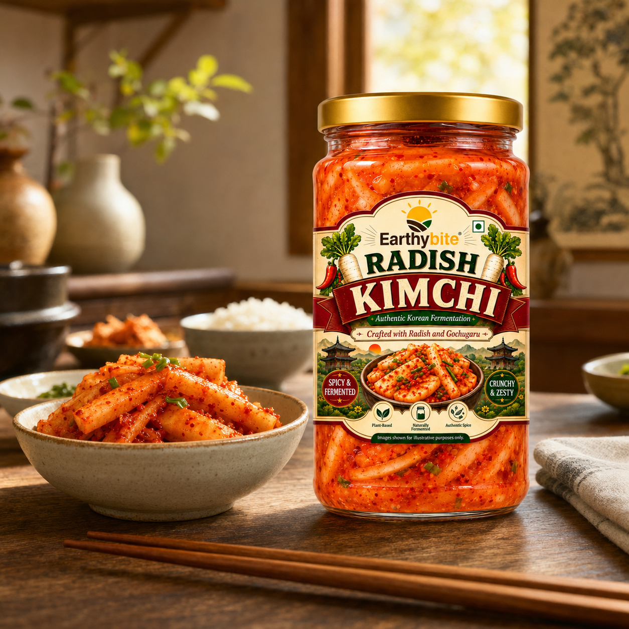 Earthy Bite Radish Kimchi loaded with fermented probiotics goods for gut health by Dhampur Green