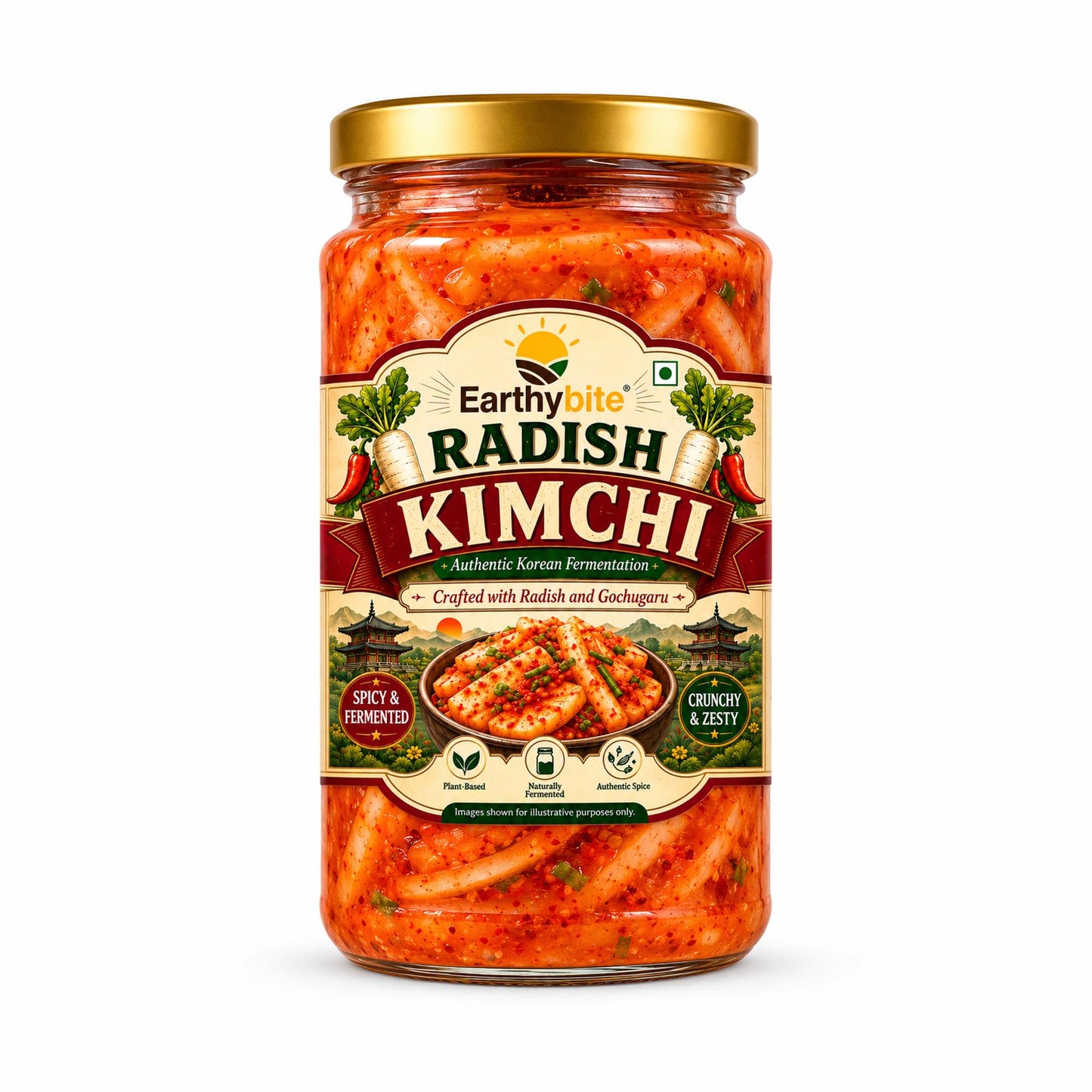 Earthy Bite Radish Kimchi loaded with fermented probiotics goods for gut health by Dhampur Green