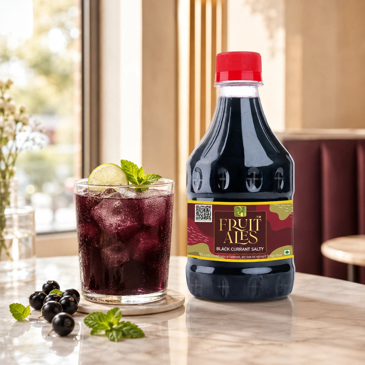 A bottle of Fruit Ales Black Currant Salty beverage stands on a marble table beside a glass of the dark purple drink, garnished with mint and a lime slice, with blackcurrants nearby in a softly lit indoor setting.
