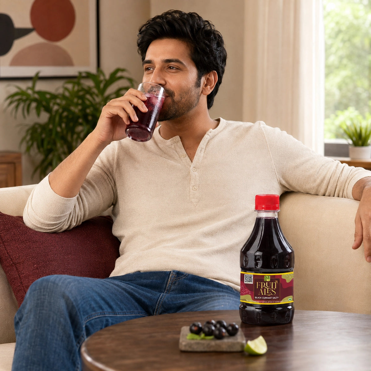A man relaxes on a beige couch drinking from a glass, with a bottle of Darjeel Almond Milk on a wooden table in the foreground. The scene is set in a bright, modern living room with plants and wall art.
