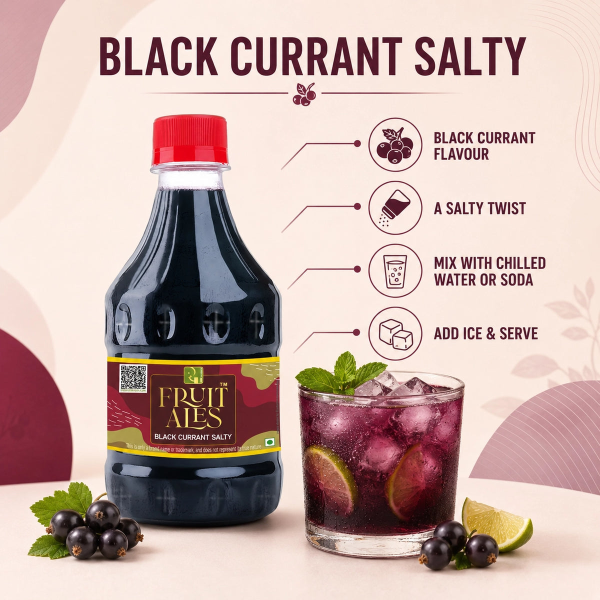 A bottle of Fruit Ales Black Currant Salty cocktail mix next to a glass of dark purple cocktail with ice, lime, and mint, on a beige background with text describing the flavor and usage.