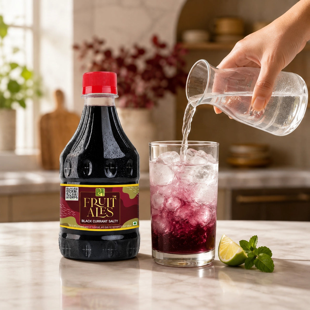 A bottle of Fruit Ales Black Currant Salty beverage on a kitchen counter, with a hand pouring water from a glass pitcher into a glass of ice and the drink turning deep purple-red. Lime slices and mint are beside the glass, and a softly blurred kitchen background is visible.