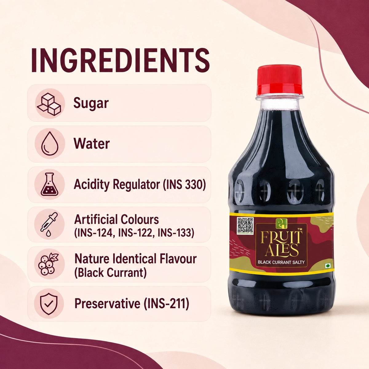 A bottle of Fruit Ales Black Currant Salty beverage on a beige graphic background with an ingredients list. The bottle is dark with a red cap and a label showing fruit imagery.
