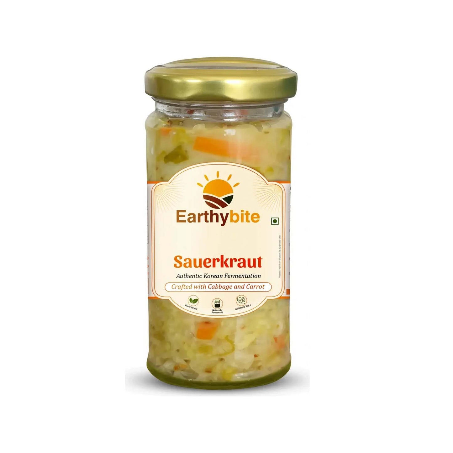 Earthybite Sauerkraut 225g glass jar By Dhampur Green– naturally fermented cabbage and carrot with Ajwain and Himalayan pink salt