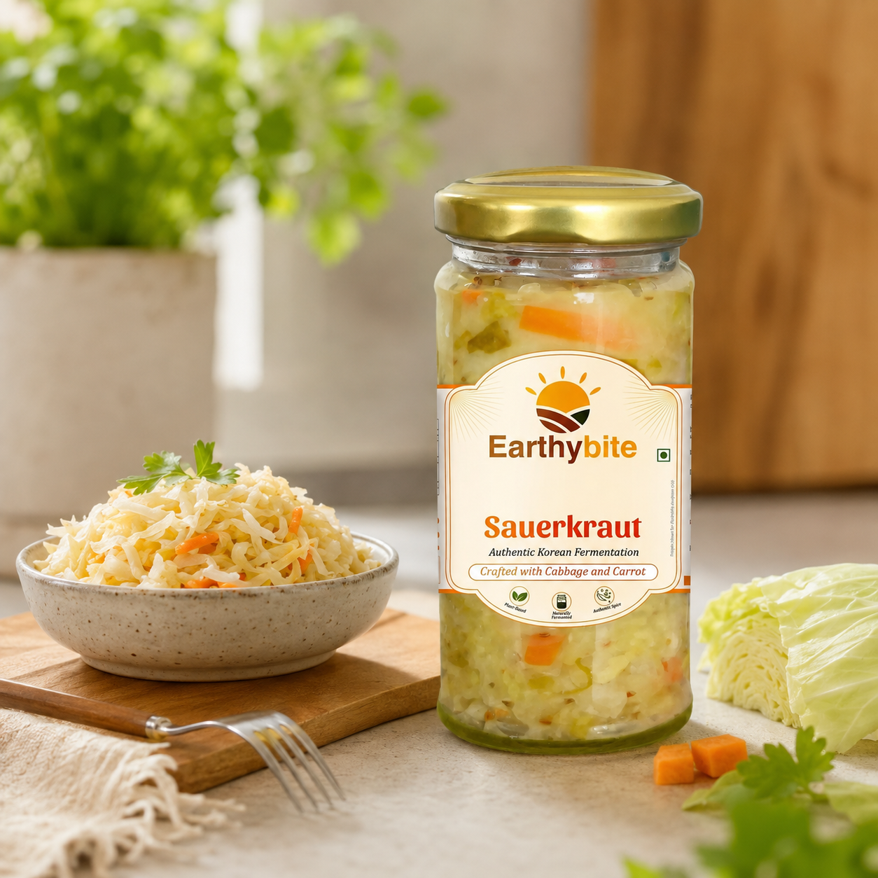 Earthybite Sauerkraut 225g jar by Dhampur Green with fermented cabbage and carrot served in a bowl, fresh cabbage and herbs in background