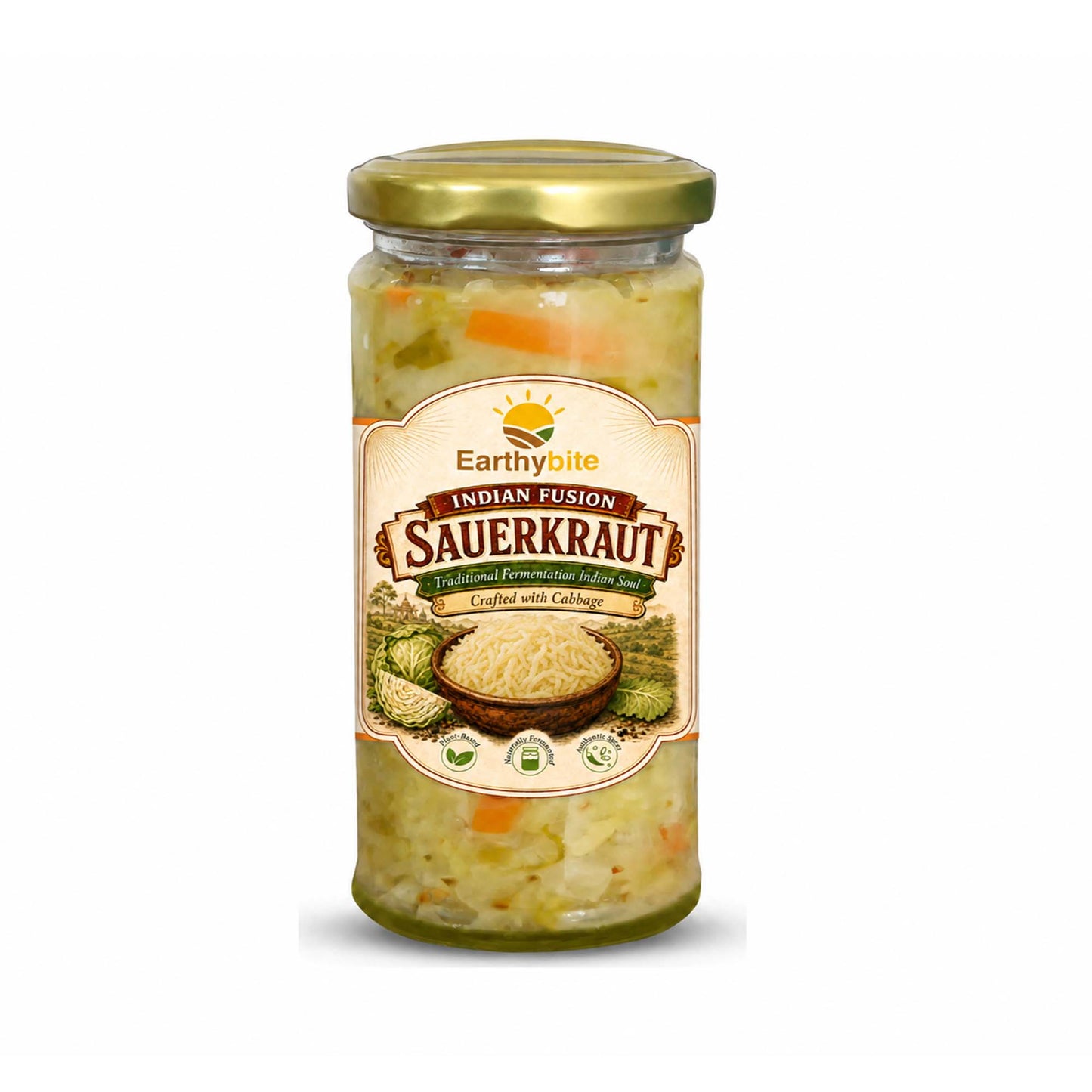 A glass jar of Earthybite Indian Fusion Sauerkraut with a gold metal lid and a cream-colored label, set against a plain white background.