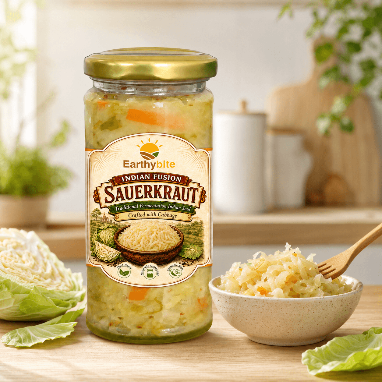 A glass jar of Earthybite Indian Fusion Sauerkraut with cabbage, set on a wooden table next to a bowl of prepared sauerkraut with a wooden spoon, with a blurred kitchen background.