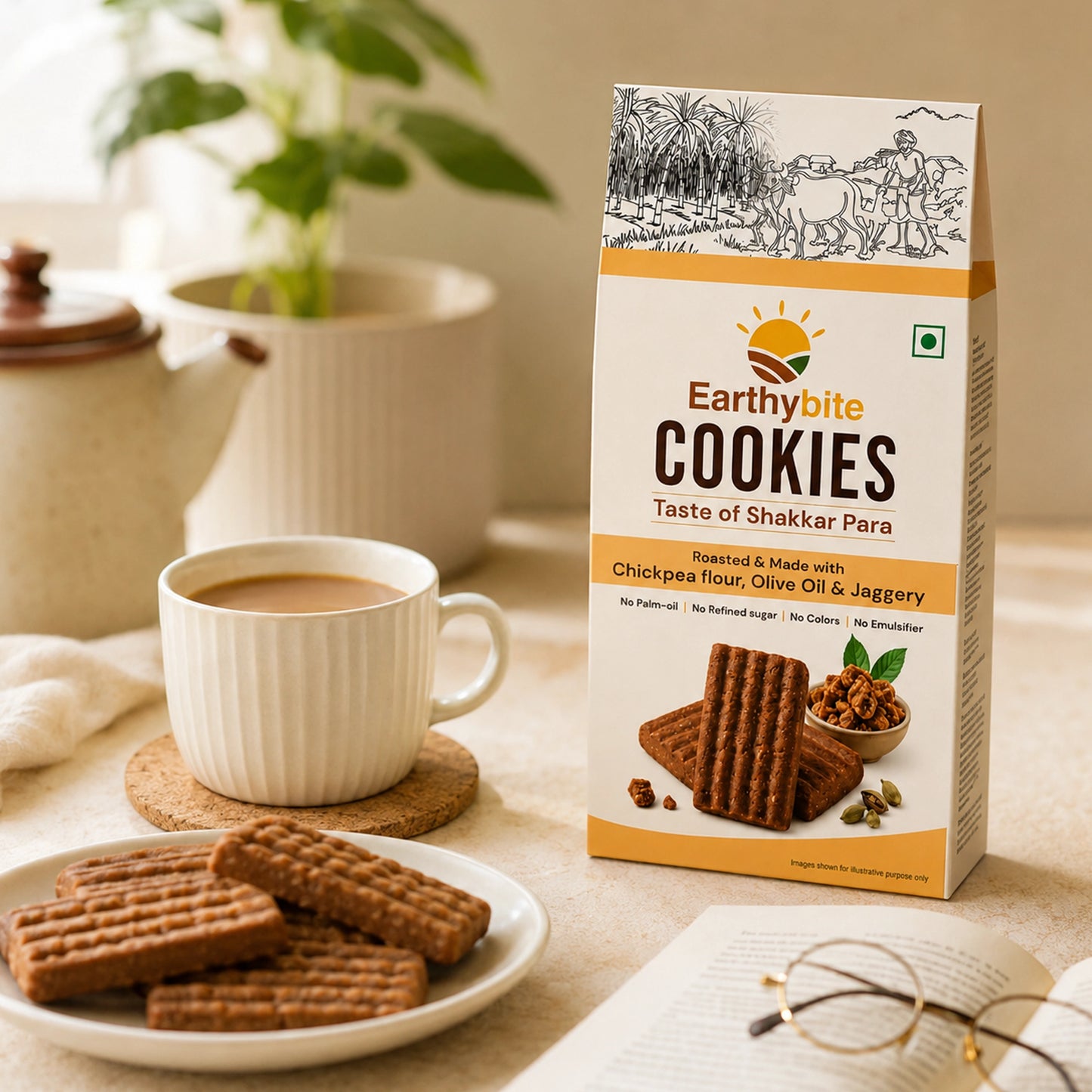 Earthybite Taste of Shakkar Para Cookies product box displayed prominently on the table in the foreground. The scene is warmly lit, plate of cookie and cup of tea placed next to the box.