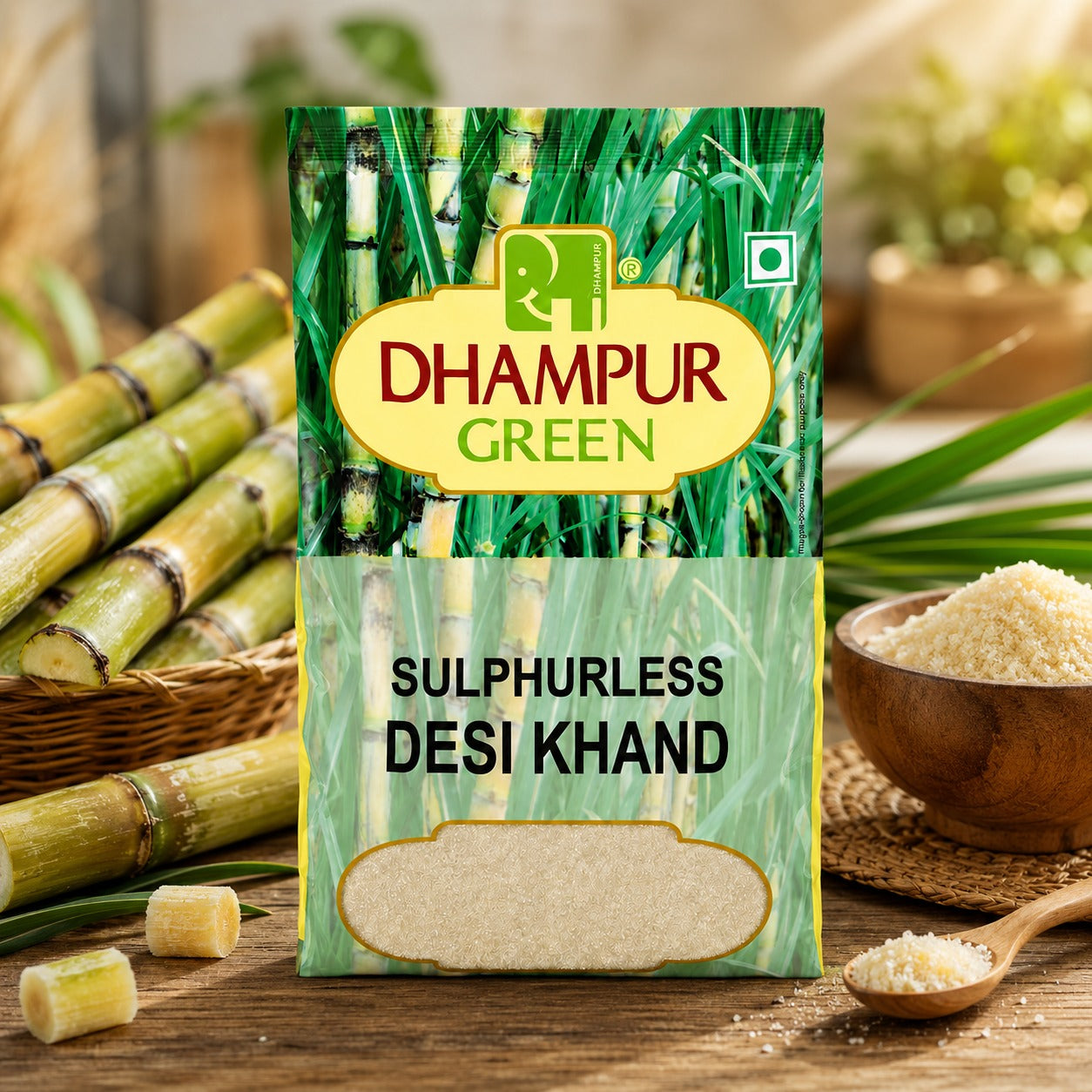 A package of Dhampur Green Sulphurless Desi Khand sugar stands on a wooden table surrounded by sugarcane stalks, a bowl of sugar, and a spoon of sugar.