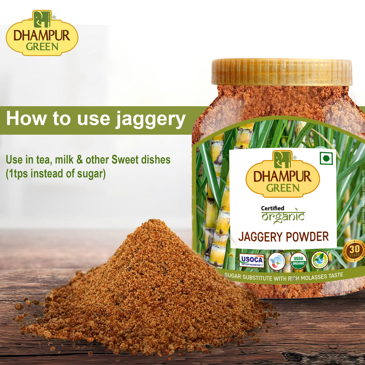 Organic Jaggery Powder (JAR) 800g Dhampur Green