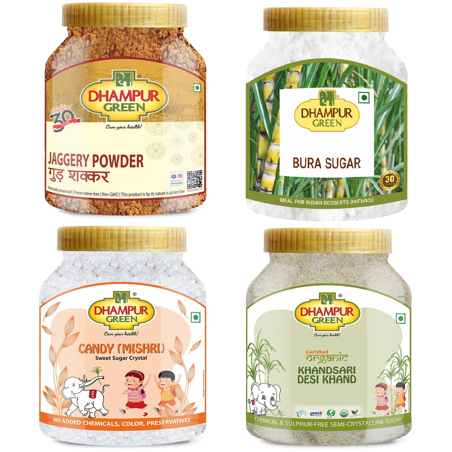 
                  
                    Sugar & Jaggery Vital Pack - Bura Sugar 800g,Candy Mishri 800g, Organic Desi Khand 800g jar, Jaggery Powder 750g jar
                  
                