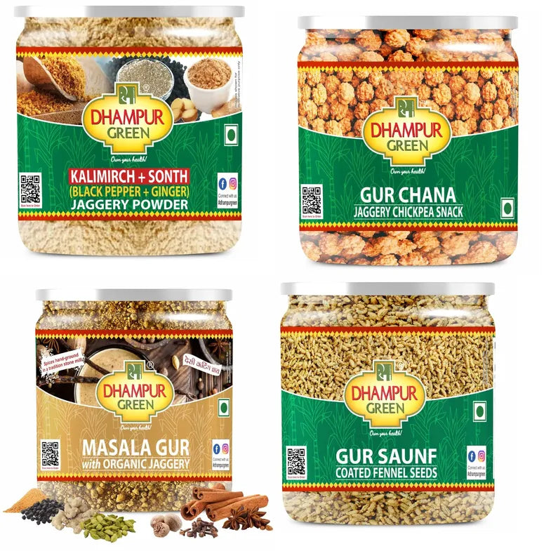 Combo - Gur Chana, Gur Saunf, Kali-Mirch Sonth Jaggery Masala, Masala Gur - Dhampur Green