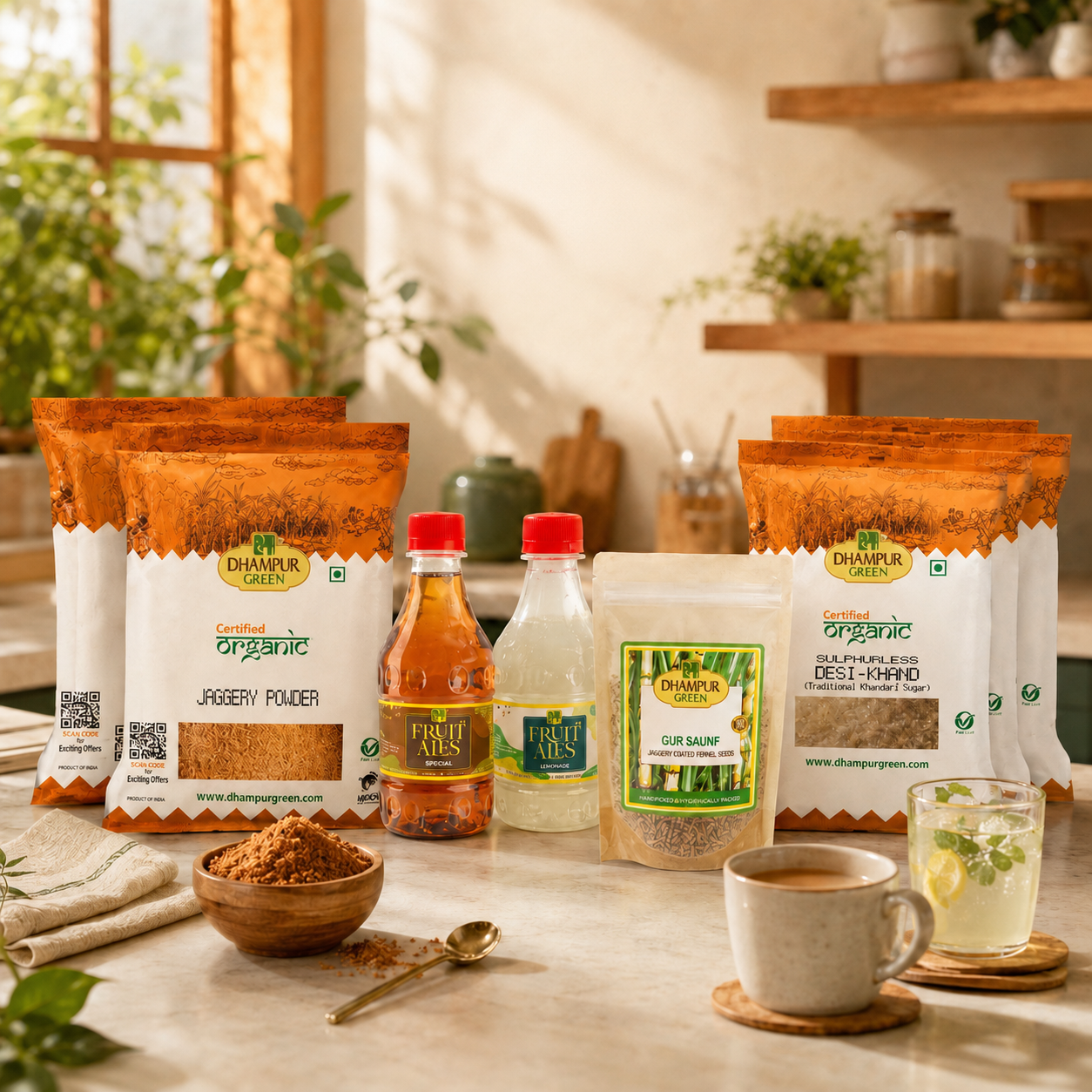 A countertop display of Chamkura Green herbal products including jaggery powder, desi chikoo powder, gur saunf, and honey bottles, styled with a cup of tea and a glass of mint tea in a warm, rustic kitchen setting.