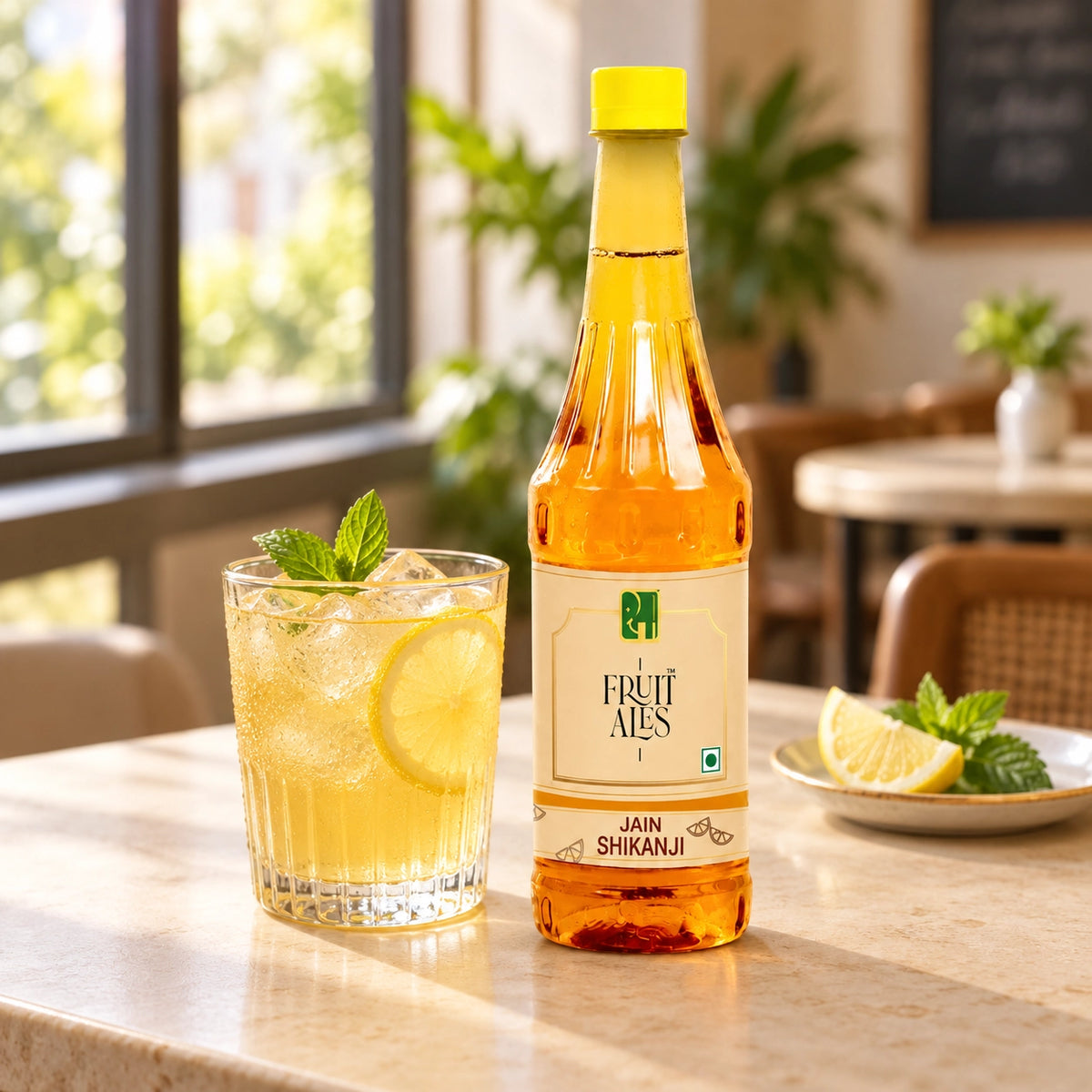 A bottle of Jain Shikanji Fruit Ales syrup stands on a table next to a glass of iced drink with a lemon slice and mint, in a bright, softly blurred cafe setting.