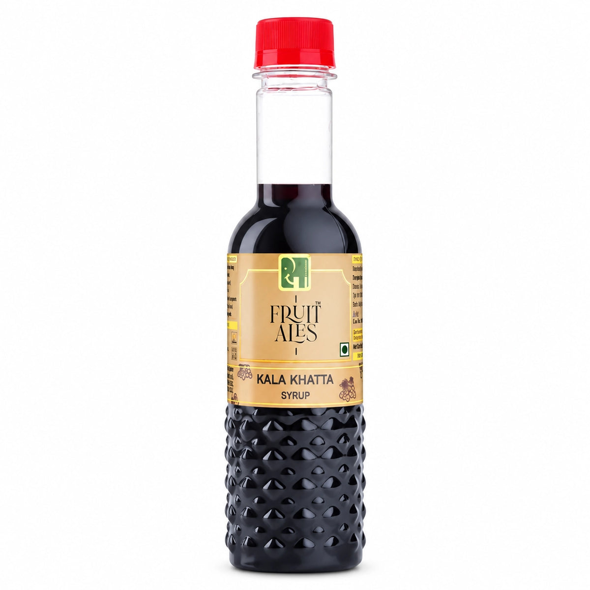 A bottle of Fruit Ales Kala Khatta Syrup on a solid white background. The bottle is made of clear plastic with a textured black grip at the bottom, filled with dark syrup, topped with a bright red cap, and has a beige label with green and black branding.