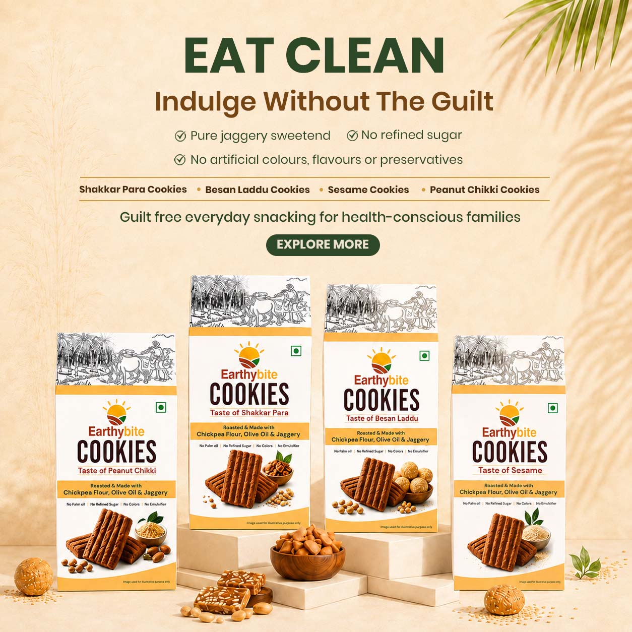 A promotional banner for Earthyville Cookies showing four packaged cookie varieties on display blocks with walnuts and dried fruits. The top text reads 'EAT CLEAN Indulge Without The Guilt' with product benefits listed, and the cookies are shown in packaging with illustrations of chocolate chip, bean loddu, sesame, and peanut chikki cookies.