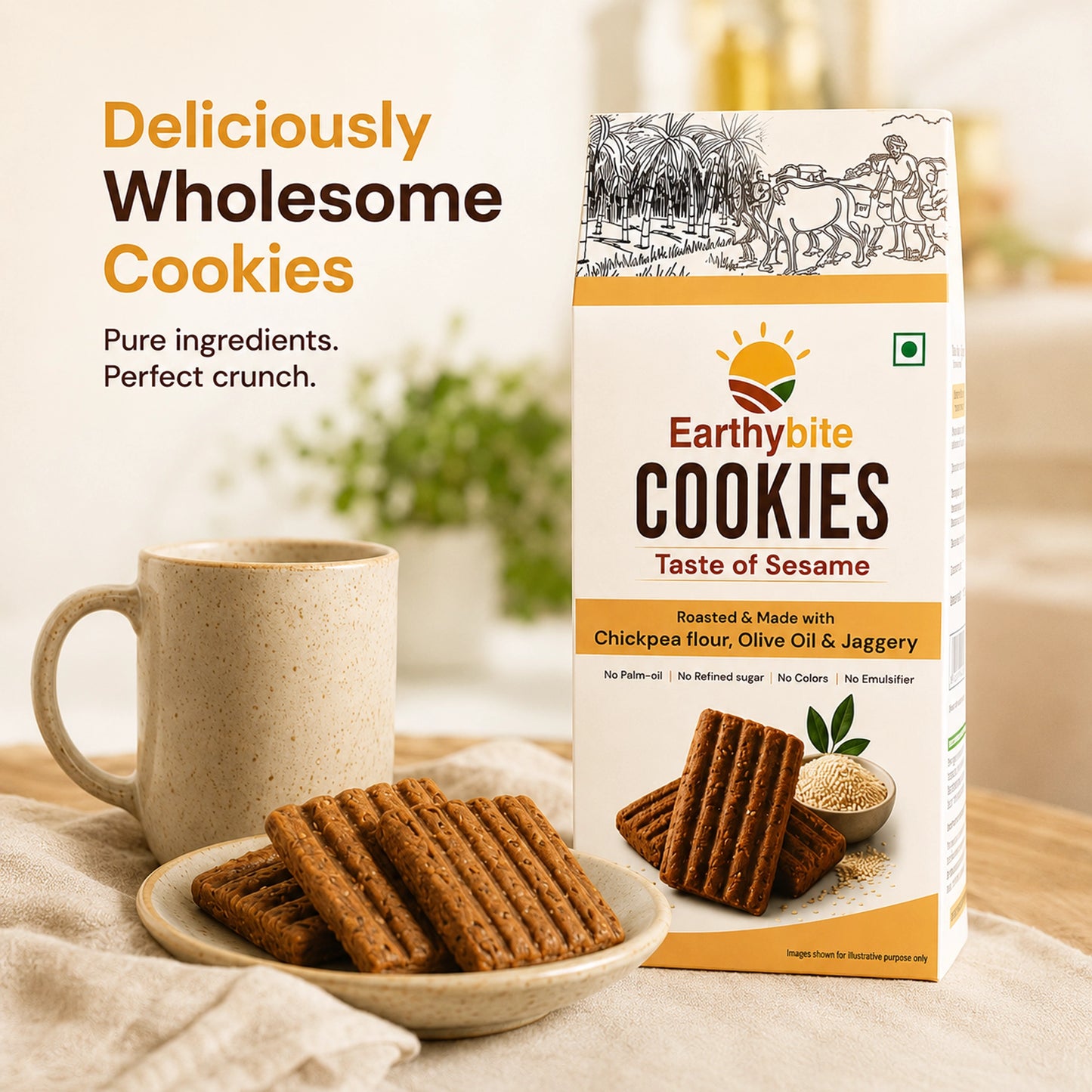 Earthybite Cookies 'Taste of Sesame' box displayed on a table next to a plate of cookies and a beige ceramic mug, with promotional text on the left.