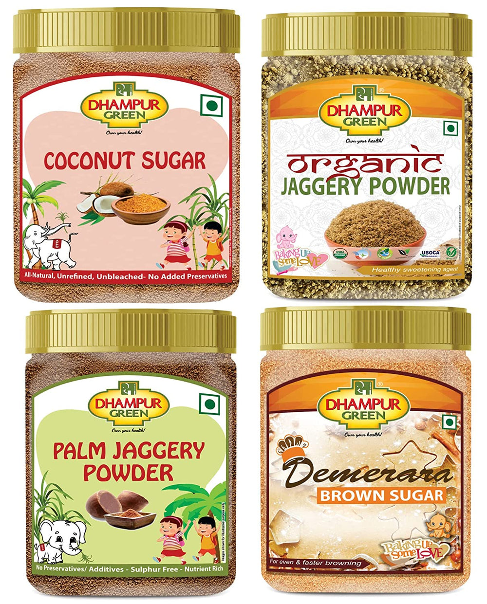 Jaggery Combo | Organic Jaggery Powder 250g, Palm Jaggery Powder 250g, Coconut Sugar Powder 250g and Demerara Brown Sugar 250g